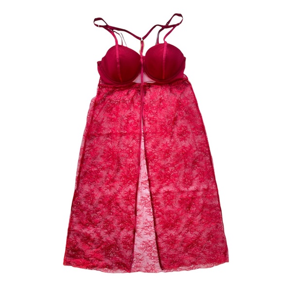 Victoria’s Secret Red Lace Long Teddy Front Slit 36C With Golden Chain Detail - Picture 1 of 11